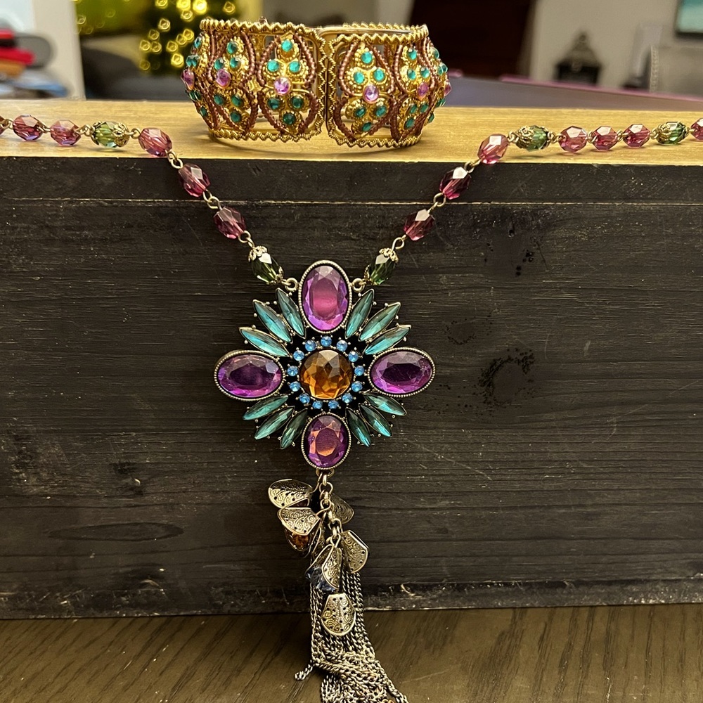 Medallion Long Necklace with a Matching Cuff Bracelet
